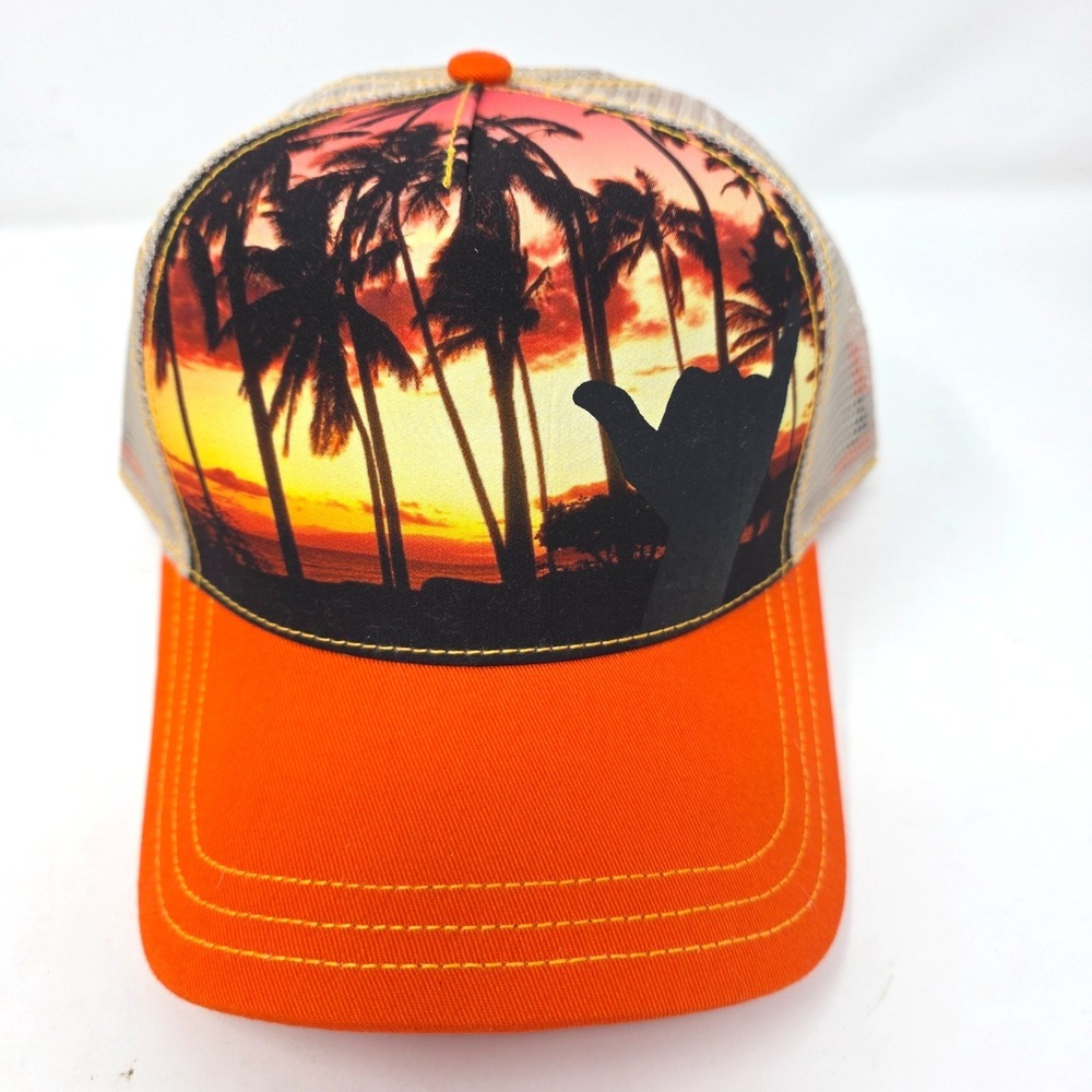 HYP Trucker Hat Mens 56cm‎ Orange White Mesh Sunset Palm Tree Graphic Cap NWT